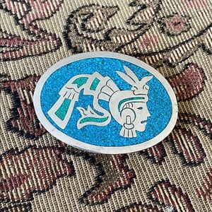 Vintage ALPACA Silver Belt Buckle w/Crushed Turquoise Inlay Made in Mexico